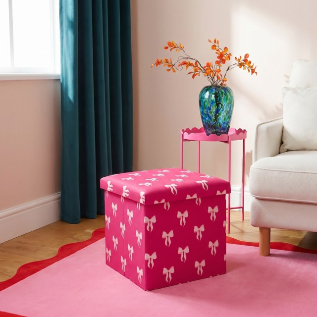 OHS Bow Print Velvet Foldable Cube Storage Ottoman - Hot Pink - image 1