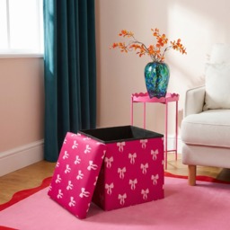 OHS Bow Print Velvet Foldable Cube Storage Ottoman - Hot Pink - thumbnail 2