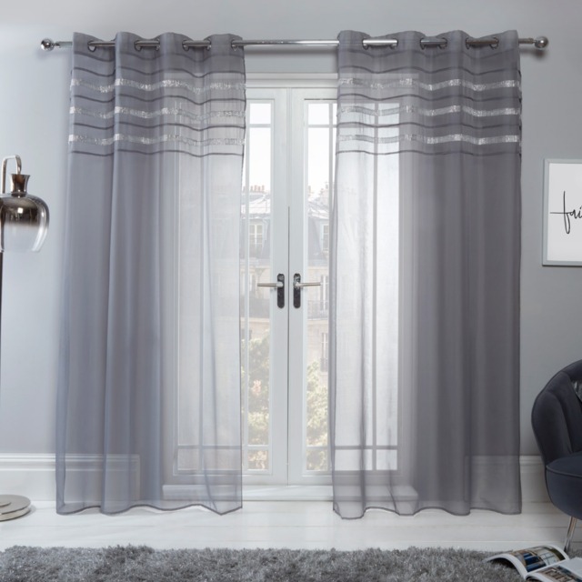 "OHS Latina Diamante Voile Net Eyelet Curtains , Charcoal Grey - 55"" x 87""" - image 1