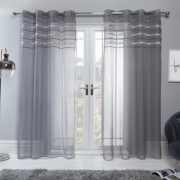 "OHS Latina Diamante Voile Net Eyelet Curtains , Charcoal Grey - 55"" x 87""" - thumbnail 1