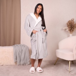 OHS Hooded Sherpa Fleece Dressing Gown - Silver - thumbnail 3