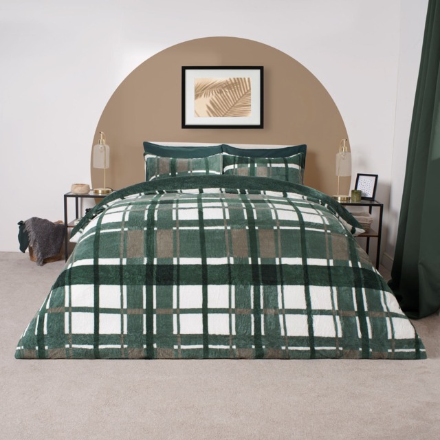 OHS Check Teddy Duvet Set, Forest Green - Super King - image 1