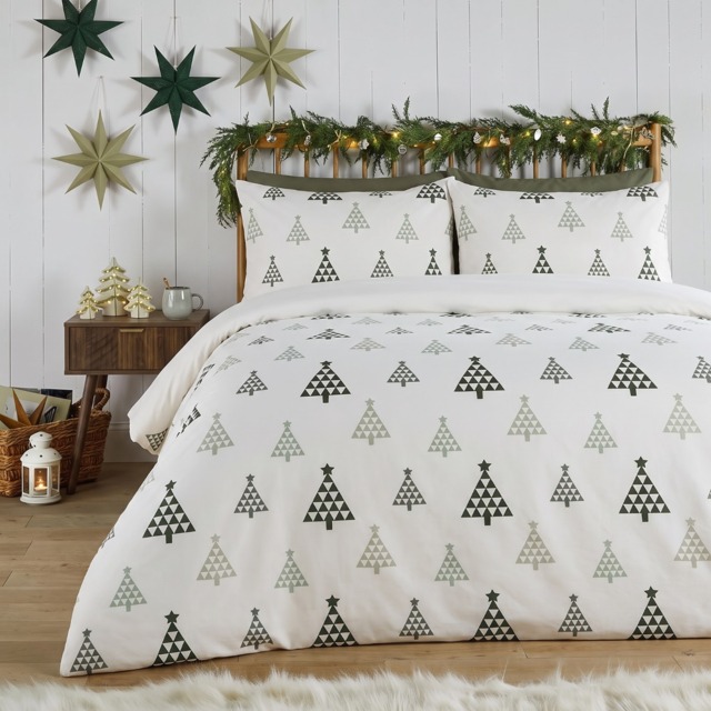 OHS Winter Tree Print Brushed Cotton Flannelette Duvet Cover Set, White/Green - Double - image 1