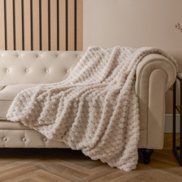 OHS Thick Faux Fur Waffle Throw, Cream - 125 x 150cm