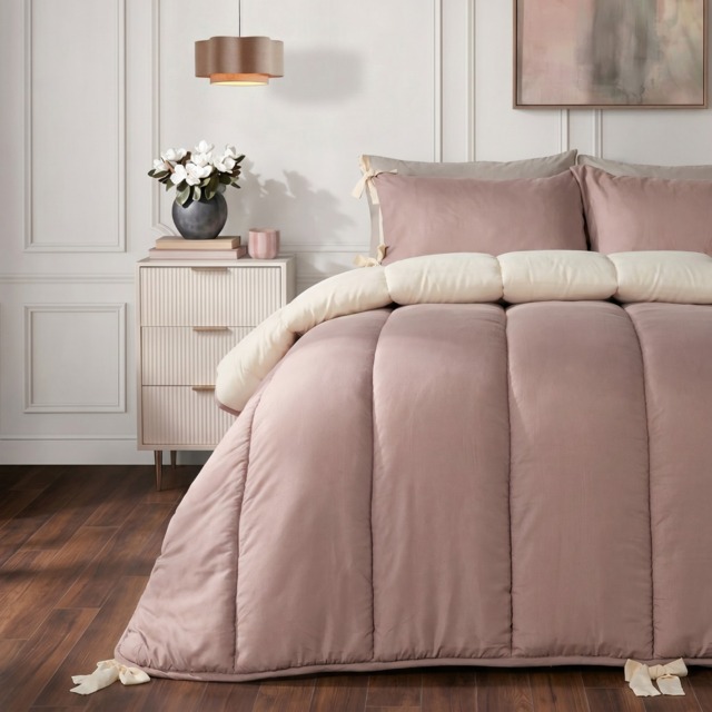 OHS Bow Tie Coverless 7.5 Tog Reversible Duvet Set, Ivory/Natural - Double - image 1