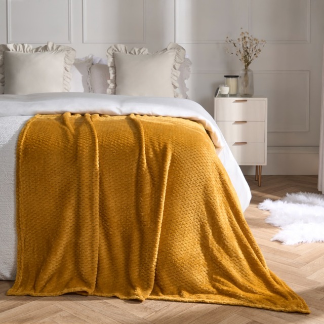 OHS Waffle Mink Throw Single, Mustard Ochre Yellow - 125 x 150cm - image 1