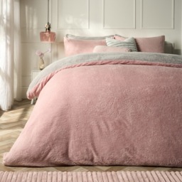 OHS Teddy Fleece Reversible Duvet Cover Set, Blush Pink/Grey - Super King