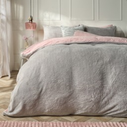 OHS Teddy Fleece Reversible Duvet Cover Set, Blush Pink/Grey - Super King - thumbnail 2