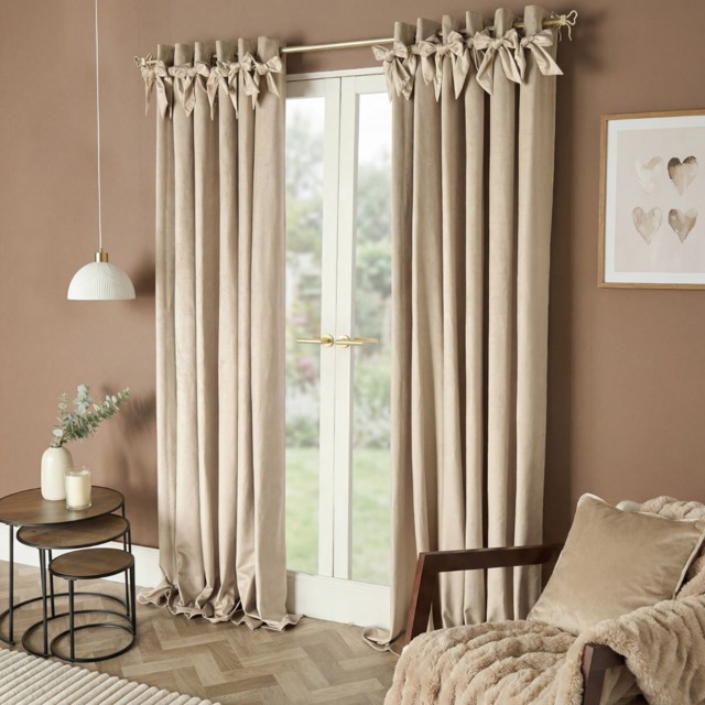 OHS Bow Velvet Eyelet Curtains , Natural - 66x90in - image 1