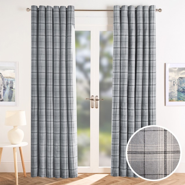 "OHS Woven Texture Check Print Eyelet Curtains, Grey - 90 x 90""" - image 1