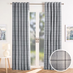 "OHS Woven Texture Check Print Eyelet Curtains, Grey - 90 x 90"""