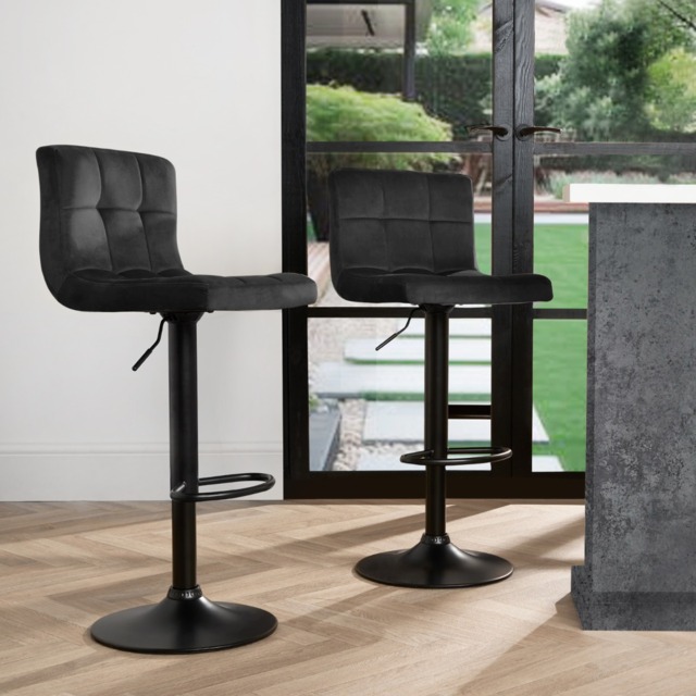 OHS Set of 2 Adjustable Velvet Bar Stools - Black - image 1