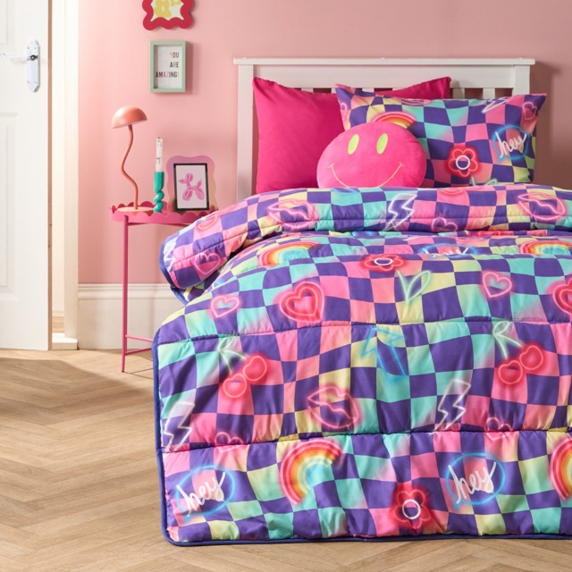 OHS Checkerboard Coverless 10.5 Tog Duvet Set, Neon - Single - image 1