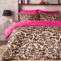 OHS Leopard Print Reversible Duvet Cover Set, Natural/Hot Pink -  King