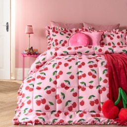 OHS Cherry Print Frill Edge Coverless 7.5 Tog Duvet Set, Pink/Red - Double - thumbnail 1