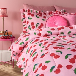 OHS Cherry Print Frill Edge Coverless 7.5 Tog Duvet Set, Pink/Red - Double - thumbnail 2