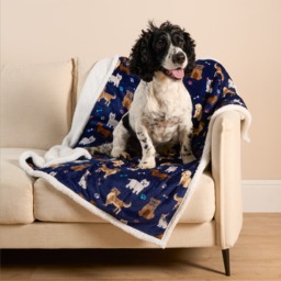 OHS Pet Dog Print Sherpa Reverse Throw - Navy