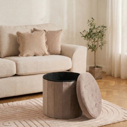 OHS Matte Velvet Foldable Round Storage Ottoman - Mink - thumbnail 2