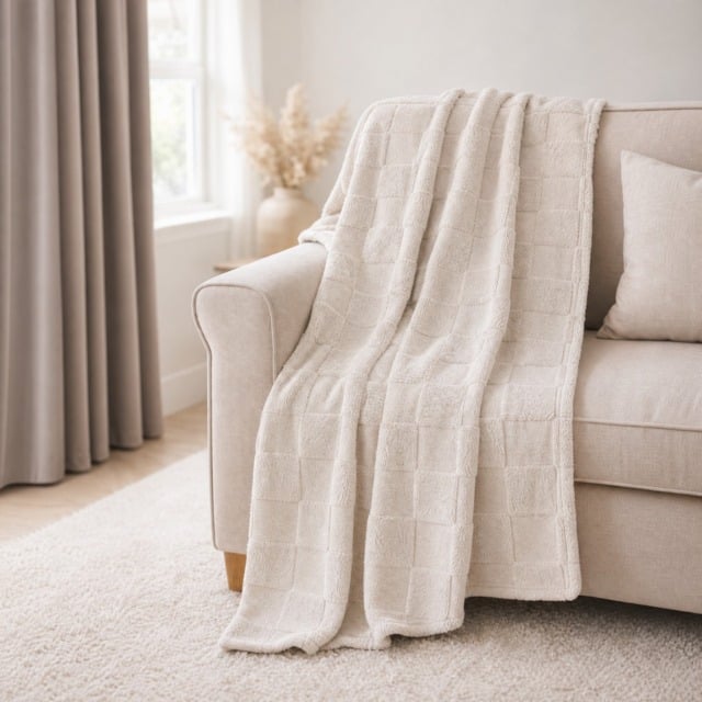 OHS Tufted Checkerboard Teddy Fleece Throw, Stone - 180 x 200cm - image 1