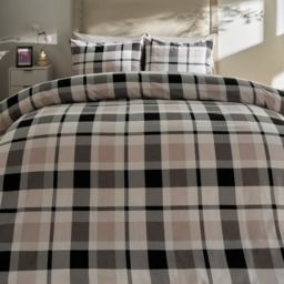 OHS Farmers Check Brushed Cotton Duvet Cover Set, Monochrome - Double