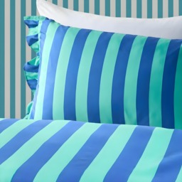 OHS Stripe Print Frill Edge Duvet Cover Set, Blue/Green - Double - thumbnail 4
