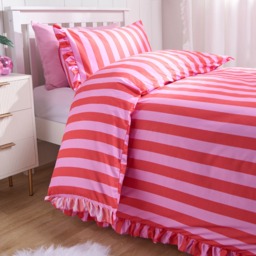 OHS Stripe Frill Duvet Cover Set, Pink/Red - Single - thumbnail 2
