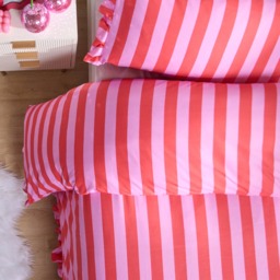 OHS Stripe Frill Duvet Cover Set, Pink/Red - Single - thumbnail 3