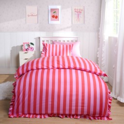OHS Stripe Frill Duvet Cover Set, Pink/Red - Single - thumbnail 1