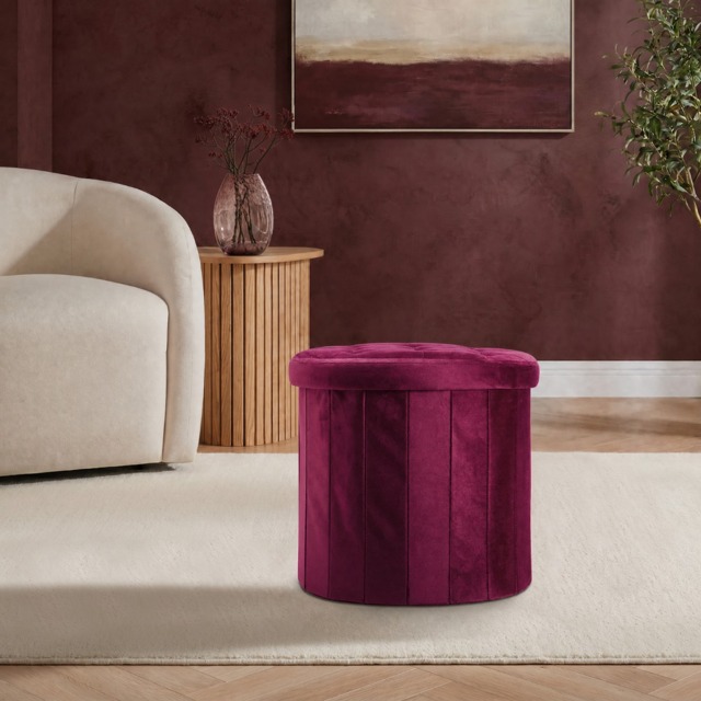 OHS Matte Velvet Foldable Round Storage Ottoman - Berry - image 1
