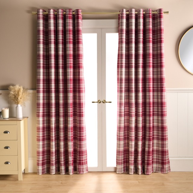 "OHS Woven Check Eyelet Curtains, Dorset Red - 66 x 54""" - image 1