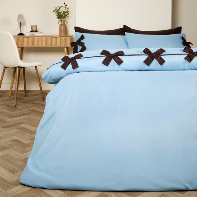 OHS Bow Detail Duvet Cover Set, Blue/Brown - Double - image 1