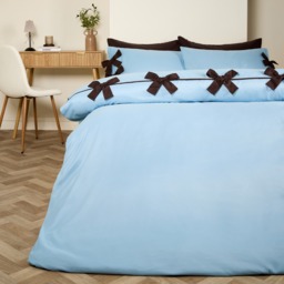 OHS Bow Detail Duvet Cover Set, Blue/Brown - Double - thumbnail 1