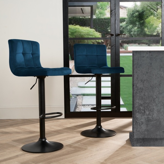OHS Set of 2 Adjustable Velvet Bar Stools - Navy - image 1