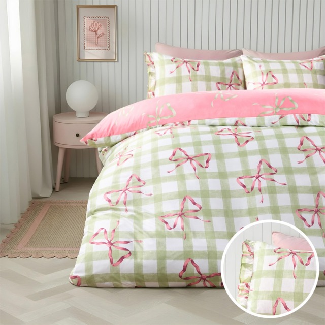 OHS Bow Print Gingham Duvet Cover & Frill Edge Pillowcase Set - Double - image 1