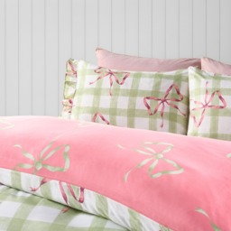 OHS Bow Print Gingham Duvet Cover & Frill Edge Pillowcase Set - Double - thumbnail 2