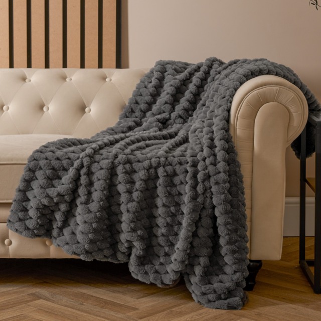 OHS Thick Faux Fur Waffle Throw, Charcoal - 160 x 200cm - image 1