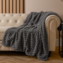 OHS Thick Faux Fur Waffle Throw, Charcoal - 160 x 200cm - thumbnail 1