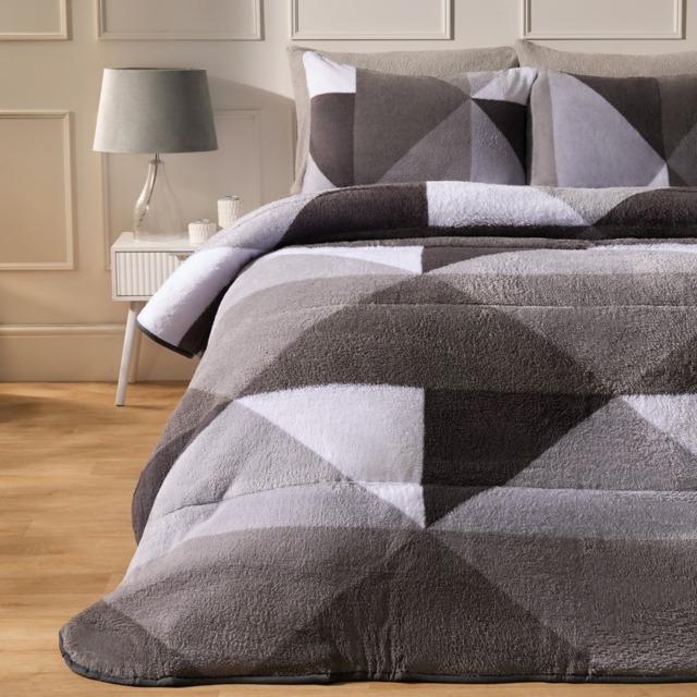 OHS Teddy Geometric Coverless 10.5 Duvet & Pillowcases, Grey - King - image 1