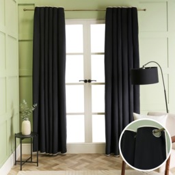OHS Piped Edge Velvet Eyelet Curtains, Black/Cream - 66 x 90in - thumbnail 1