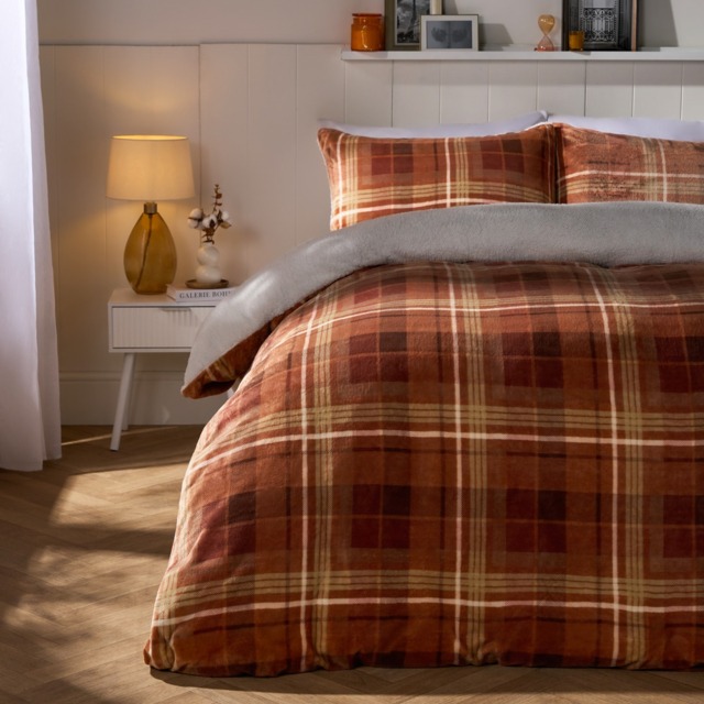 OHS Autumn Check Fleece Duvet Cover Set, Rust - Single - image 1