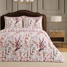 OHS Floral Print Coverless 10.5 Tog Duvet Set, White/Burgundy - King - thumbnail 1