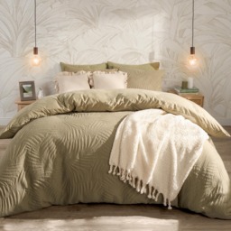 OHS Leaf Quilted Duvet Set, Sage - Superking - thumbnail 1