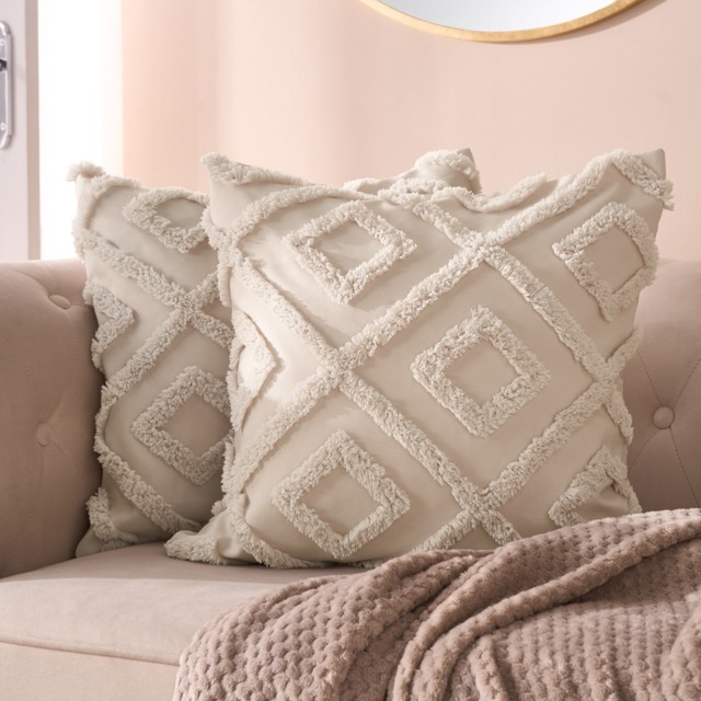 OHS 4 Pack Tufted Geometric Cushion Covers with Cushion Pads, Stone - 45 x 45cm - image 1