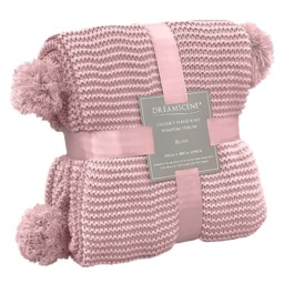 OHS Large Chunky Knit Pom Pom Throw, Blush Pink - 150 x 180cm - thumbnail 2