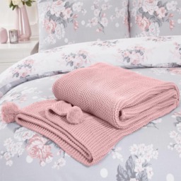 OHS Large Chunky Knit Pom Pom Throw, Blush Pink - 150 x 180cm - thumbnail 3