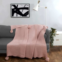 OHS Large Chunky Knit Pom Pom Throw, Blush Pink - 150 x 180cm - thumbnail 1