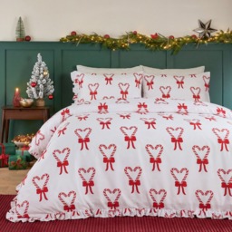 OHS Candy Cane Heart Print Frill Edge Duvet Cover Set, White/Red - King - thumbnail 1