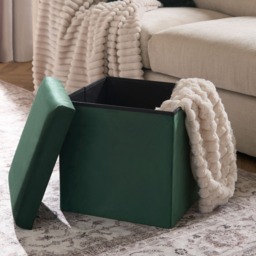OHS Matte Velvet Foldable Cube Storage Ottoman - Forest Green - thumbnail 2