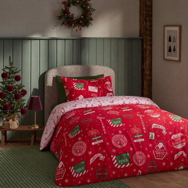 OHS Santa Stop Here Slogan Reversible Duvet Cover Set, Red/White - Single - image 1