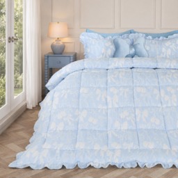 OHS Bow Print Frill Edge Coverless 7.5 Tog Duvet Set, Blue - King - thumbnail 1